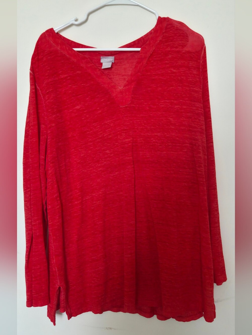 Chico's Deep Coral Linen Long Sleeve V-Neck Tunic Top Sz 3